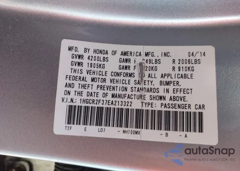 2014 Honda Accord Lx из США, поврежденный, VIN 1HGCR2F37EA213322